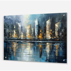 an abstract cityscape painting with blue and yellow colors