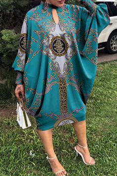 Cyanine Fashion Casual Print Hollowed Out Half A Turtleneck Long Sleeve Dresses Bat Sleeves Dress, Casual Party Dress, Bohemian Midi Dress, Long Sleeve Turtleneck Dress, Spring Dresses Women, Casual Party Dresses, Fashion Design Dress, Turtleneck Long Sleeve, Long Sleeve Dresses