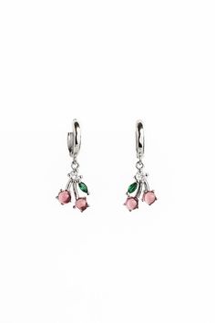 The sweetest pink cherry dangling hoops with white, green and pink gem details. 925 Sterling Silver Hinge Closure Pink Dangling Charms Drop Earrings, Pink Drop Earrings With Dangling Charms, Pink Earrings With Dangling Charms, Pink Sterling Silver Hoop Earrings, Pink Dangle Clip-on Jewelry, Pink Clip-on Dangle Jewelry, Pink Sterling Silver Huggie Jewelry, Pink Sterling Silver Huggie Earrings, Pink Clip-on Drop Earrings