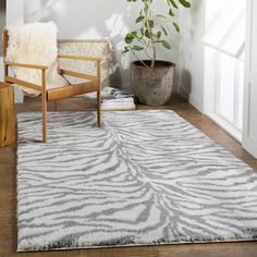 a zebra print rug with a chair and potted plant