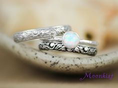 Opal Engagement Ring and Pattern Band Wedding by moonkistdesigns Sterling Silver Solitaire Moonstone Wedding Ring, Wedding Solitaire Moonstone Ring In Sterling Silver, Sterling Silver Solitaire Moonstone Ring For Wedding, Oval Bezel Setting Stackable Wedding Rings, Wedding Oval Bezel Setting Stackable Rings, Heirloom Moonstone Wedding Ring In Sterling Silver, Oval Stackable Wedding Rings With Bezel Setting, Wedding Oval Stackable Rings With Bezel Setting, Heirloom Style Moonstone Ring For Wedding In Sterling Silver