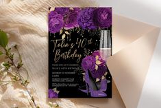 a birthday party with purple flowers and high heels