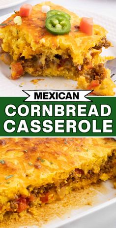 mexican cornbread casserole on a white plate with a green sign over it