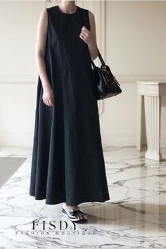 Fisdy - Elegant Sleeveless Maxi Dress in Onyx Black Korean, Black Linen Dress, Office Dresses For Women, Color Skirt, Loose Maxi Dress, Ladies Gown, Long Dress Casual, Korean Dress, Vestidos Vintage