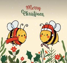 two bees in santa hats are flying through the air