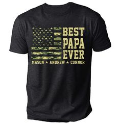 the back of a black t - shirt with an american flag and words best papa ever