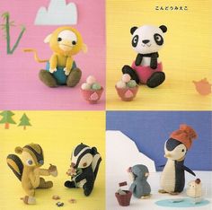 four different pictures of stuffed animals in various colors and sizes, with the same animal on each side