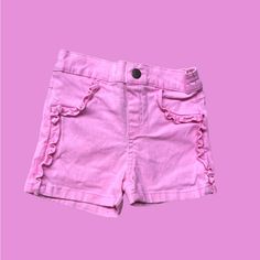 Baby Girls| 18m| Orchid Pink|. Jean Shorts With Pockets | Stretch Waistband| Online Exclusive Spring Playwear Shorts With Ruffles, Spring Ruffled Shorts For Playwear, Playful Pink Ruffled Shorts, Cute Ruffled Shorts For Playwear, Cute Pink Short Bloomers, Casual Ruffled Bottoms For Playtime, Cute Pink Ruffled Shorts, Cute Short Pink Bloomers, Cute Ruffled Bottoms For Playwear