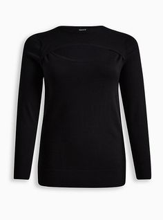 FIT Measures 30” from shoulder (size 2). MATERIALS + CARE Rayon yarn knit fabric. . 70% rayon, 30% nylon jersey. . Machine wash cold. Line dry. . Imported. DETAILS Crew neckline. . Long sleeves. . Chest cutout. . The best plus size women's pullover fitted sweater sweaters in black made of sexyyarn. Torrid is your destination for cozy fall and winter clothes to keep you warm and comfortable. Chambray Jacket, Doll Blouse, Tight Sweater, Black Plus Size, Cold Shoulder Long Sleeve, Black Hot Pink, Fitted Sweater, Sweater Black, Short Sleeve Blouse