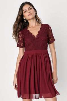 Angel in Disguise Burgundy Lace Skater Dress Angel In Disguise, Burgundy Cocktail Dress, Lace Skater Dress, Burgundy Lace, In Disguise, Cloud Nine, Satin Maxi Dress, Chiffon Skirt, Lulu Dresses