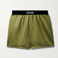 New With Tags Tom Ford Velvet Trimmed Silk Satin Shorts In Green. Size Xxs. Still In Original Garment Bag. Relaxed Fit Stretch Silk-Satin Shorts Logo Patch At Elasticized Velvet Waistband Shorts Logo, Tom Ford Clothing, Comfy Pjs, Leopard Print Shorts, Satin Shorts, Velvet Trim, Garment Bag, Green Outfit, Silk Shorts