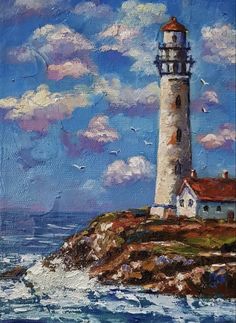 a painting of a lighthouse on a cliff by the ocean