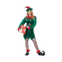 a woman dressed in an elf costume holding a present