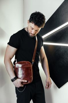 Men's crossbody messenger bag. brown leather bag. cognac bag . Vintage leather messenger bag. Leathe Casual Brown Satchel For Everyday Use, Modern Brown Crossbody Camera Bag, Casual Crossbody Satchel For Everyday Carry, Functional Brown Everyday Shoulder Bag, Business Crossbody Camera Bag, Casual Cognac Crossbody Satchel, Everyday Carry Crossbody Briefcase, Brown Crossbody Briefcase With Cell Phone Pocket, Cognac Bag