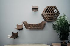 three wooden objects are hanging on the wall next to a potted plant and vase