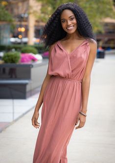 [Color: Clay] It does not get much better than this stunning maxi dress. Featuring a sexy low back Flowy V-neck Dress With Surplice Neckline For Date Night, Summer Bridesmaid V-neck Maxi Dress, Feminine Bridesmaid Dress With Surplice Neckline, Chic Long Midi Dress For Bridesmaids, Long V-neck Dress For Summer Formal Events, Chic V-neck Bridesmaid Wrap Dress, Chic V-neck Maxi Dress For Date Night, Maxi Length V-neck Dress For Date Night, Chic Solid Color Bridesmaid Midi Dress