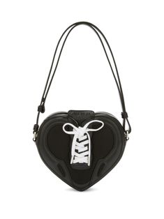 black leather heart-shape frame lace-up detailing embossed logo to the front single shoulder strap top zip fastening main compartment Bag Wishlist, Leather Bag Design, Leather Heart, Heart Shaped Frame, Shoulder Strap Bag, Heart Bag, Shoulder Bag Black, Bag Design, Strap Top