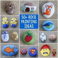 there are many rocks painted to look like cartoon characters and the words 50 rock painting ideas on them