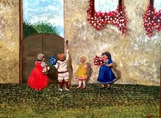 three children are standing in front of a wall with wreaths and flowers on it