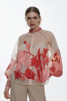 Organdie Applique Buttoned Woven Blouse | Karen Millen Chic Embellished Blouse For Wedding, Embroidered Long Sleeve Blouse For Party, Long Sleeve Embroidered Party Blouse, Spring Formal Organza Tops, Formal Organza Tops For Spring, Elegant Sequin Organza Blouse, Luxury Long Sleeve Blouse For Wedding, Luxury Long Sleeve Wedding Blouse, Embroidered Long Sleeve Blouse For Evening