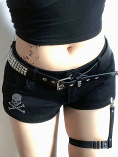 These trendy low-rise denim shorts feature a unique rhinestone skeleton embellishment, making them a standout piece in your wardrobe. Perfect for adding a touch of edginess to any outfit, these shorts are both stylish and eye-catching.  **Options:** 1. One pair of shorts without a leg loop. 2. One pair of shorts with a leg loop.      	 		 			Size 			S 			M 			L 		 		 			Waist 			71 			75 			79 		 		 			Hips 			88 			92 			96 		 		 			Length 			27 			28 			29 Shorts With Ripped Tights, Emo Shorts, Micro Shorts Outfit, Black Denim Shorts Outfit, Rhinestone Skeleton, Goth Shorts, Game Protagonist, Black Shorts Outfit, Goth Pants