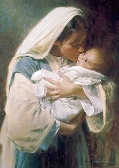 a painting of a woman holding a baby in her arms and kissing the child's forehead