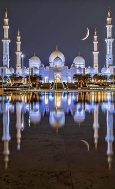 an image of a night scene with the moon in the sky and some buildings reflected in the water