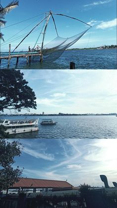 there are two pictures of boats in the water and one has a net on it