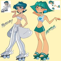 two cartoon girls with roller skates and one is wearing a bathing suit, the other has