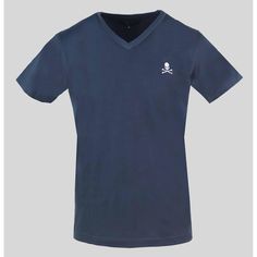 a blue v - neck shirt with a skull and crossbones on the chest