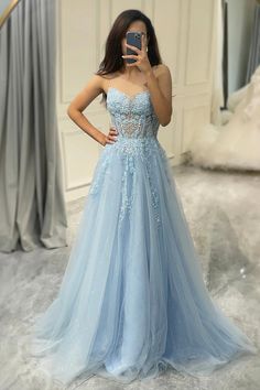 Amzcw Light Blue A Line Tulle Long Prom Dress With Appliques prom dresses with long sleeves Fuchsia Prom Dress, Princess Dress Prom, Ireland Dress, Prom Dress A Line, Tulle Long Prom Dress, Cute Formal Dresses, Blue Homecoming Dresses