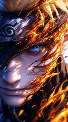 a close up of a person with fire on their face and hair blowing in the wind