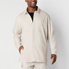 This Shaquille O'Neal XLG men's big and tall utility overshirt is a smart layering piece for your collection. Made from a woven cotton-linen blend, this long-sleeve oversized style has multiple pockets, a concealed button front closure and a point collar. Wear it over a t-shirt with jeans. Closure Type: ButtonNeckline: Collar NeckPockets: 1 Chest Button PocketSleeve Length: Long SleeveFiber Content: 61% Tencel Lyocell, 31% Cotton, 6% Linen, 2% SpandexCoat Style: Utility JacketsCare: Machine Wash Man's Overcoat, Shaquille O'neal, Oversized Style, Mens Big And Tall, Big & Tall, Big And Tall, Woven Cotton, Layering Pieces, Cotton Weaving