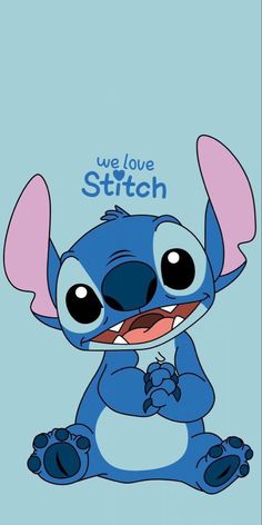 an image of stitch with the words we love stitch in blue and pink on it