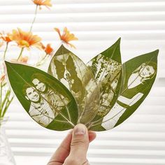 a person holding up a leaf with pictures on it