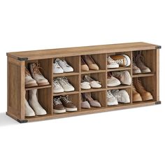 a wooden shoe rack filled with lots of shoes