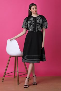 Black A-line dress with floral thread embroidery. - Aza Fashions Traditional A-line Embroidered Dress, Traditional Embroidered A-line Dress, Elegant Dress With Tonal Embroidery For Festive Occasions, Elegant Festive Dress With Tonal Embroidery, Traditional Black Spring Dresses, Elegant Black Dresses With Embroidered Sleeves, Festive Black Midi Dress, Black Embroidered Dress For Summer, Black Dress With Resham Embroidery For Summer