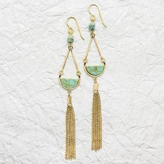 3 inches in dangle drop length.  10k Gold plate French hooks.  ...despite the length of these, they are INCREDIBLY lightweight!  Semicircles of turquoise moved on gold with fine, gold chain tassels.  Light and richly colored imperial jasper beads on gold pins connect French hooks to earring body. Turquoise Dangle Earrings In Brass, Turquoise Dangle Brass Earrings, Turquoise Brass Drop Earrings, Turquoise Drop Chandelier Earrings With Ear Wire, Turquoise Chandelier Drop Earrings, Turquoise Chandelier Dangle Earrings, Elegant Turquoise Danglers As A Gift, Elegant Turquoise Danglers For Gift, Turquoise Jewelry Gold