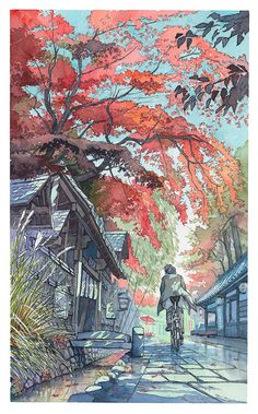 a painting of a person riding a bike down a street next to trees with red leaves