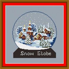 a snow globe with houses and trees in it, on a blue background that says snow globe