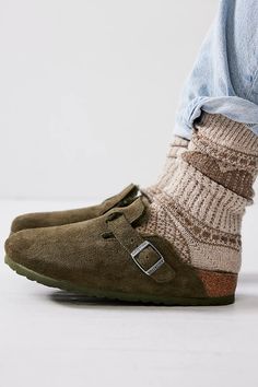 Boston Shearling Birkenstock | Free People Boston Clogs Socks, Green Boston Clogs, Birkenstock Boston Socks, Green Boston Birkenstock, Birkenstock Clogs With Socks, Boston Shearling Birkenstock, Green Birkenstocks, Birkenstock Winter, Shearling Birkenstock