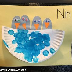 a paper plate with three birds on it and the letter n in front of it