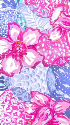 pink and blue flowers are in the middle of an abstract painting style pattern on a black background