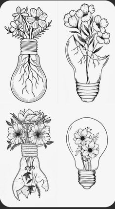 four different light bulbs with flowers in them