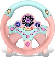 a pink and blue steering wheel toy