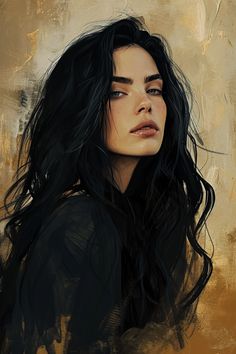 a painting of a woman with long black hair