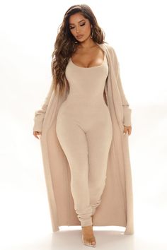 Available In Marsala, Teal, And Taupe. Cozy 2 Piece Jumpsuit Set Detachable Long Sleeve Duster Cardigan Jumpsuit Sleeveless Double Scoop Neck Bodycon Legging Stretch 100% Polyester Imported | Living In It Jumpsuit Set in Taupe size 3X by Fashion Nova 2 Piece Jumpsuit, Taupe Fashion, Duster Cardigan, Review Fashion, Loungewear Women, Curve Dresses, Womens Loungewear, Shop Maxi Dresses, Rompers Women