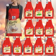 a woman wearing an apron with the words garlic salt on it and nine different types of spices to choose from