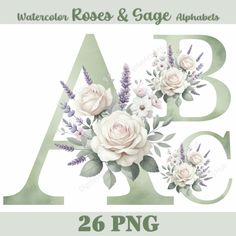 watercolor roses and sage alphabets with flowers on the upper letter, 20 png