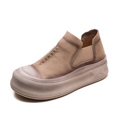 Gender: Women Type: Casual Shoes Main Materials: Cowhide Insole: Pigskin Sole: Rubber Type of Closure: Slip-on Style: Daily, Casual, Retro Season: Spring, Autumn Heel Height: Medium (4.5 cm) Beige Leather Slip-on Shoes With Leather Footbed, Beige Slip-on Low-top Leather Shoes, Beige Leather Shoes With Rubber Sole, Beige Slip-ons With Rubber Sole, Beige Leather Shoes With Stitched Sole And Round Toe, Beige Slip-ons With Rubber Sole And Round Toe, Beige Round Toe Leather Shoes With Stitched Sole, Beige Low-top Leather Shoes With Leather Footbed, Beige Leather Shoes With Textured Sole